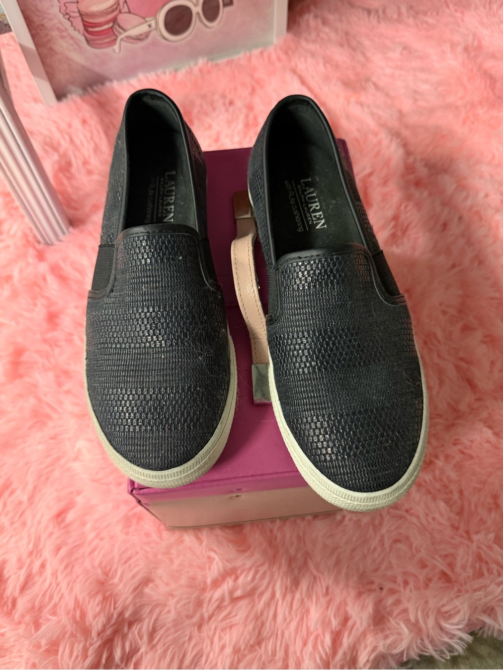Lauren Ralph Lauren Black Textured Slip-On Sneakers with White Soles
